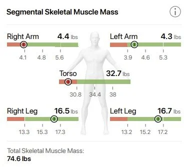 Dashboard displaying segmental skeletal muscle mass for right arm 4.4 lbs, left arm 4.3 lbs, torso 32.7 lbs, right leg 16.5 lbs, left leg 16.7 lbs, total 74.6 lbs.
