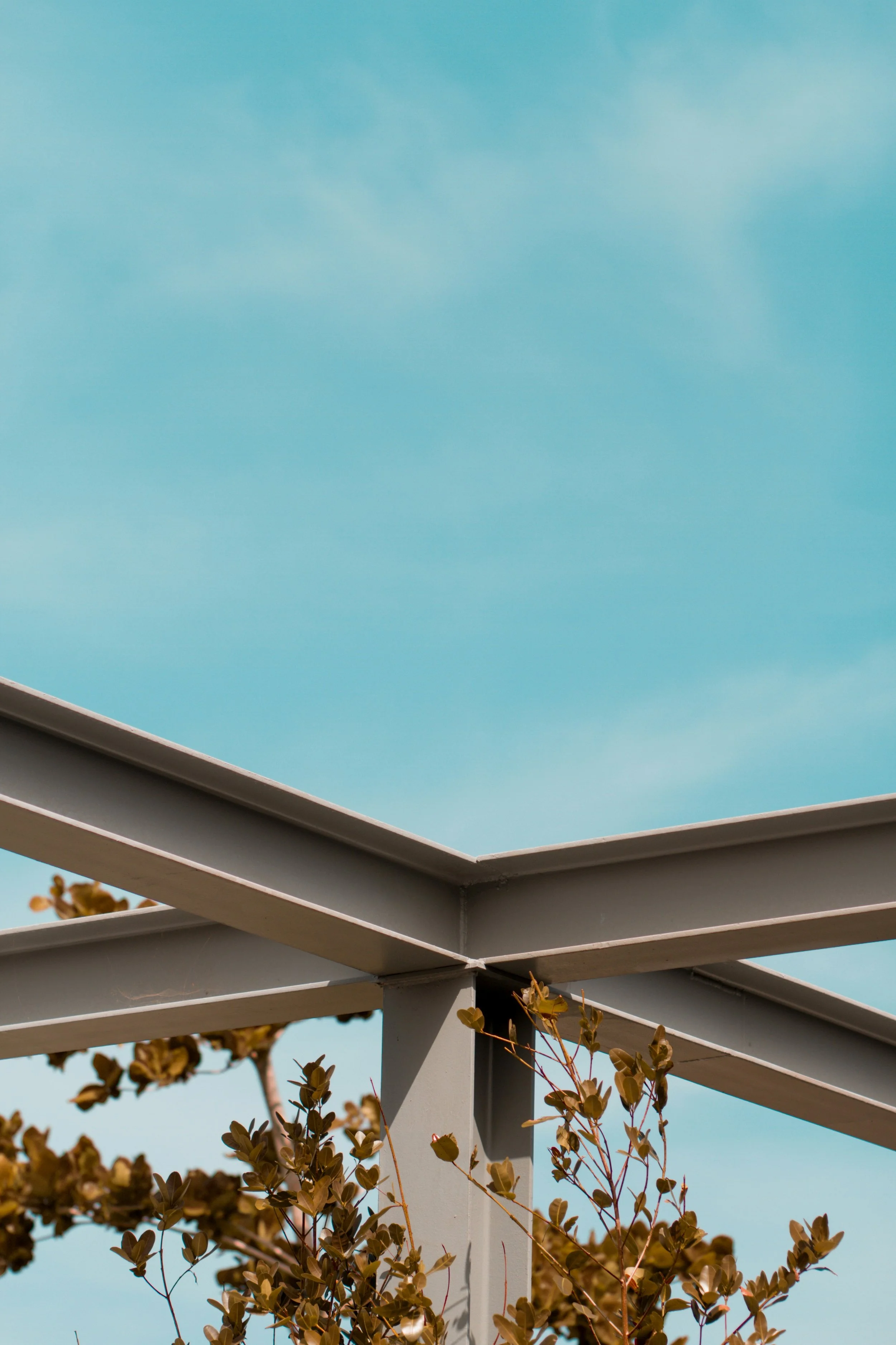 Close-up of a corner of a modern outdoor metal structure with brownish leaves at the bottom and a blue sky with wispy clouds in the background.