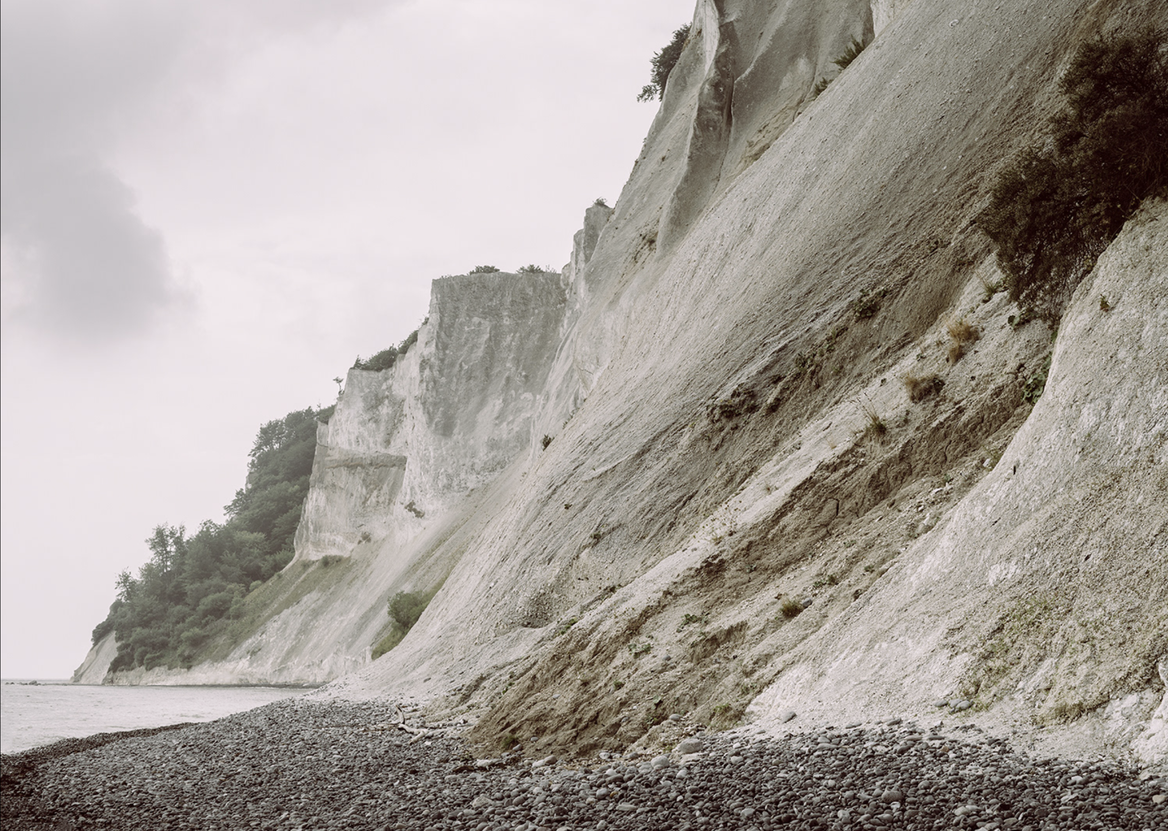 Cliffside over a pebble beach with white chalk cliffs and sparse vegetation under an overcast sky.