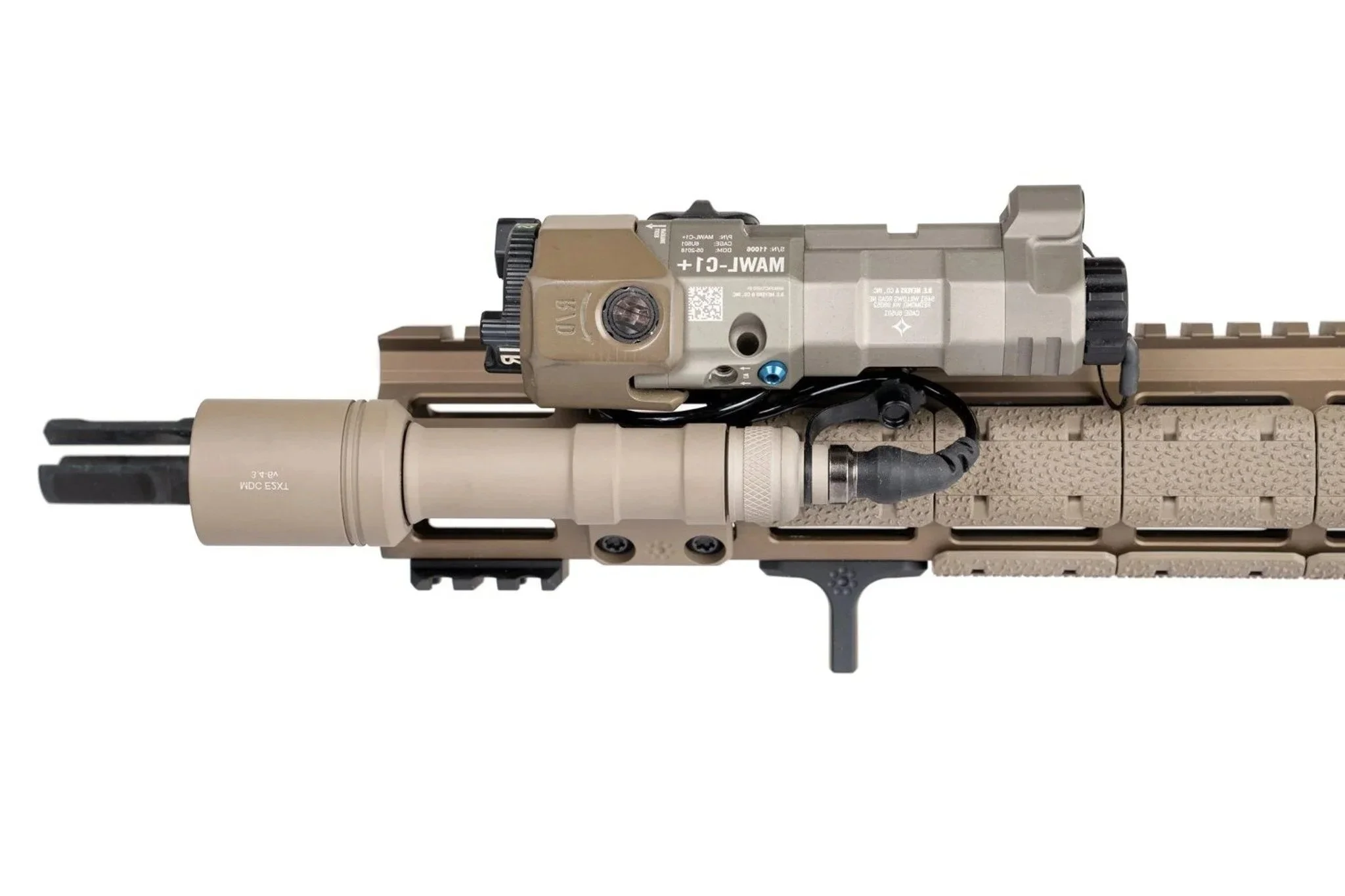 Close-up view of a tan tactical rifle with mounted accessories including a short barrel, optic sight, and rail system.
