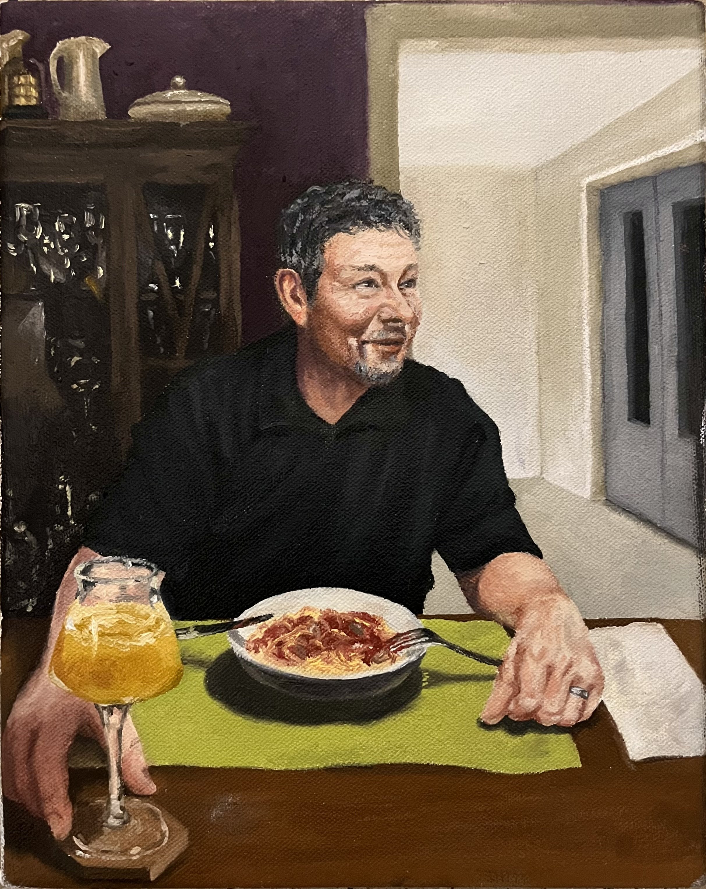 Family Dinner (3), oil on linen, 8 by 10 inches, 2023