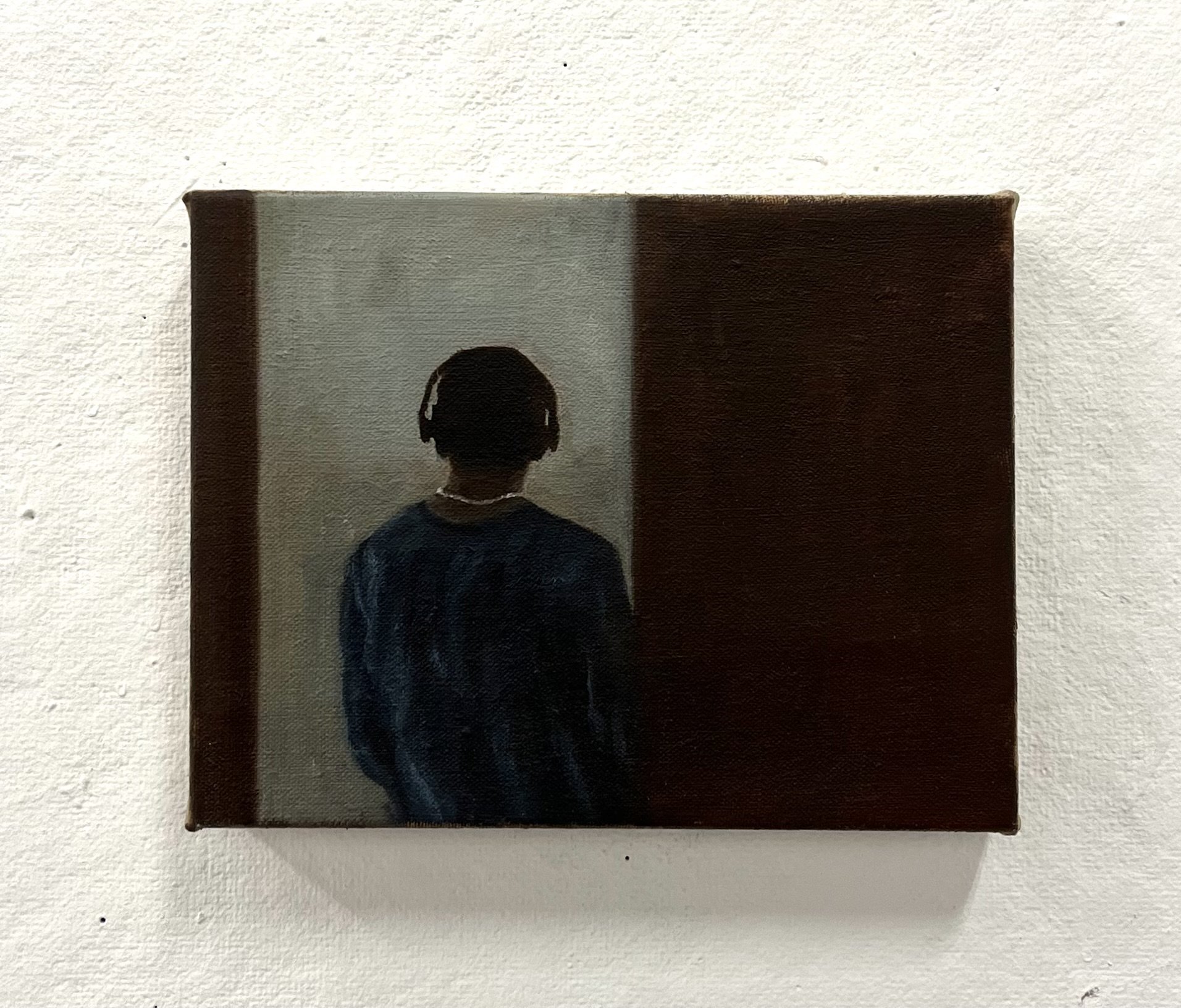 Bus Stop and Headphones, oil on linen, 9 by 7 inches, 2024