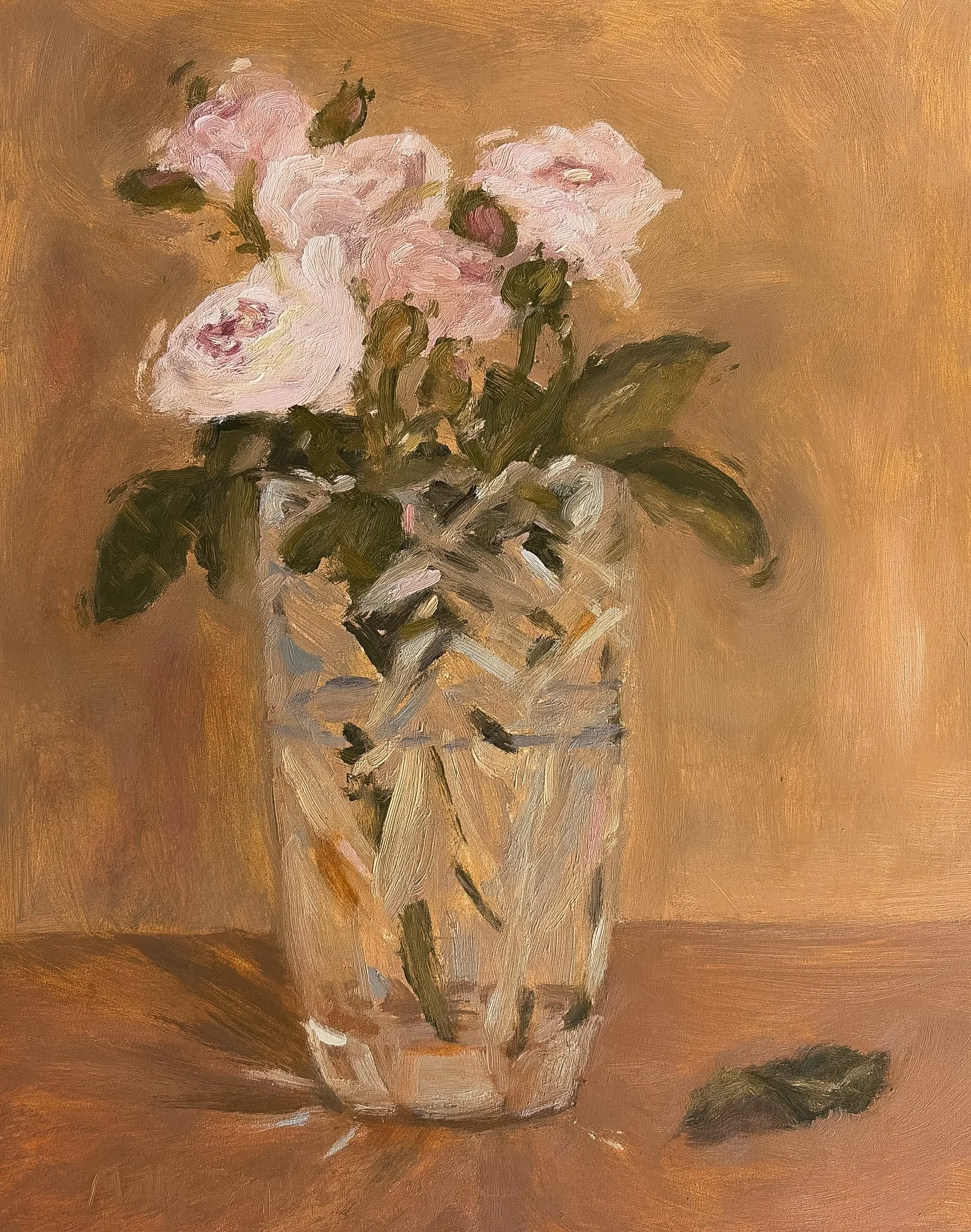 Still life painting of garden roses in crystal vase with brown background by Molly Stephenson