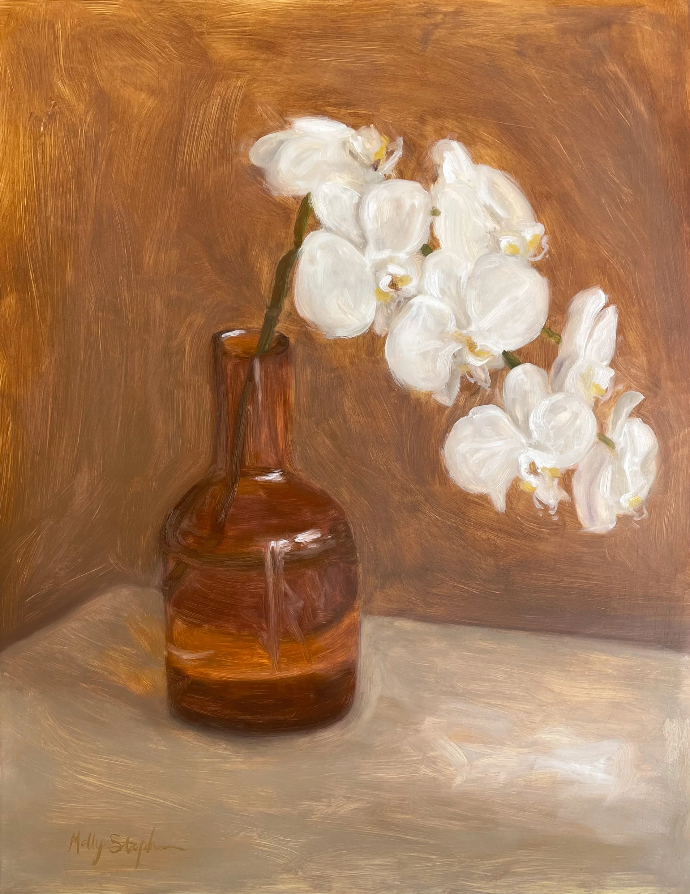 SOLD | White Orchids in Amber Carafe, 2025 | Oil on panel