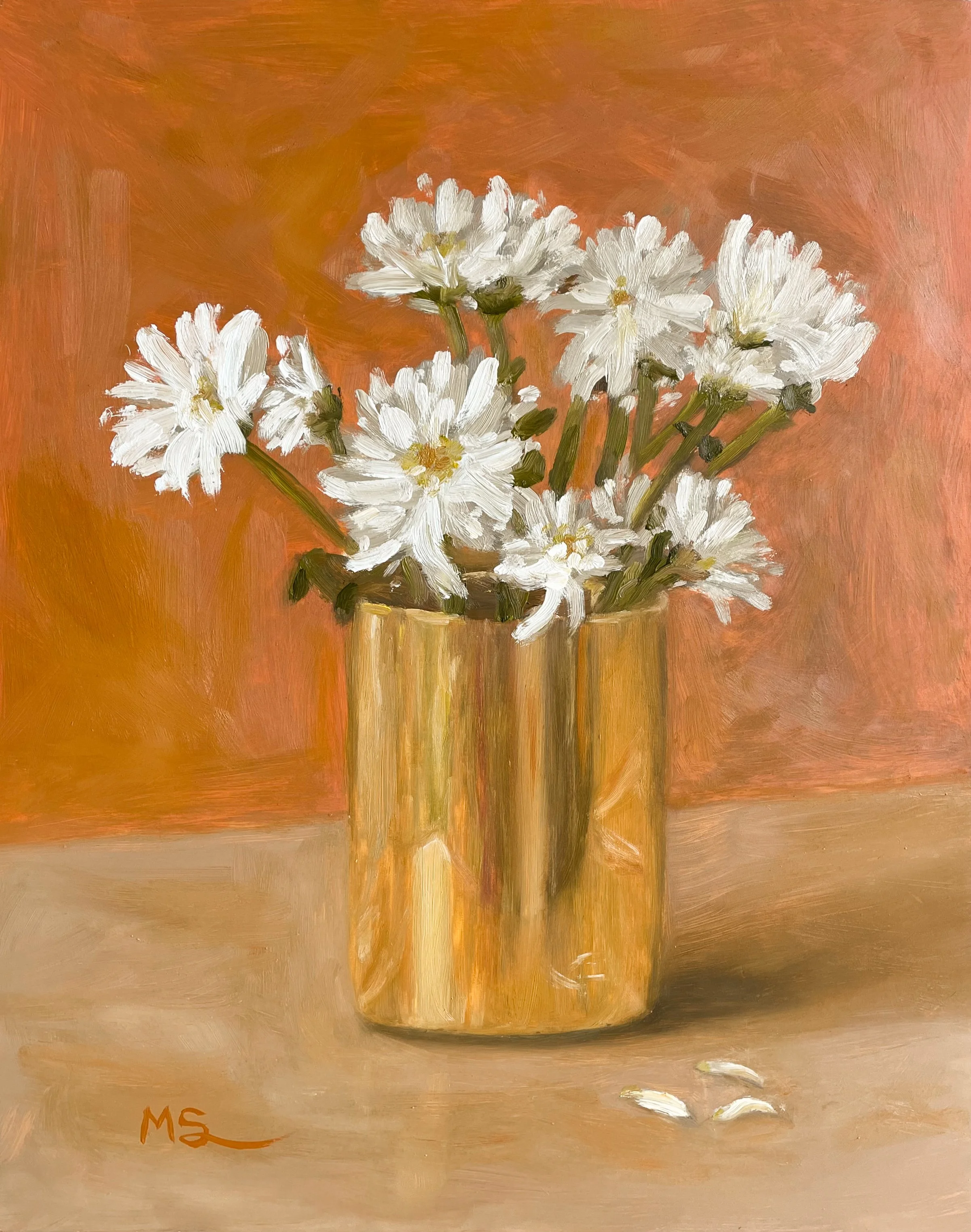SOLD | White Chrysanthemums in Gold Vase, 2025 | Oil on panel