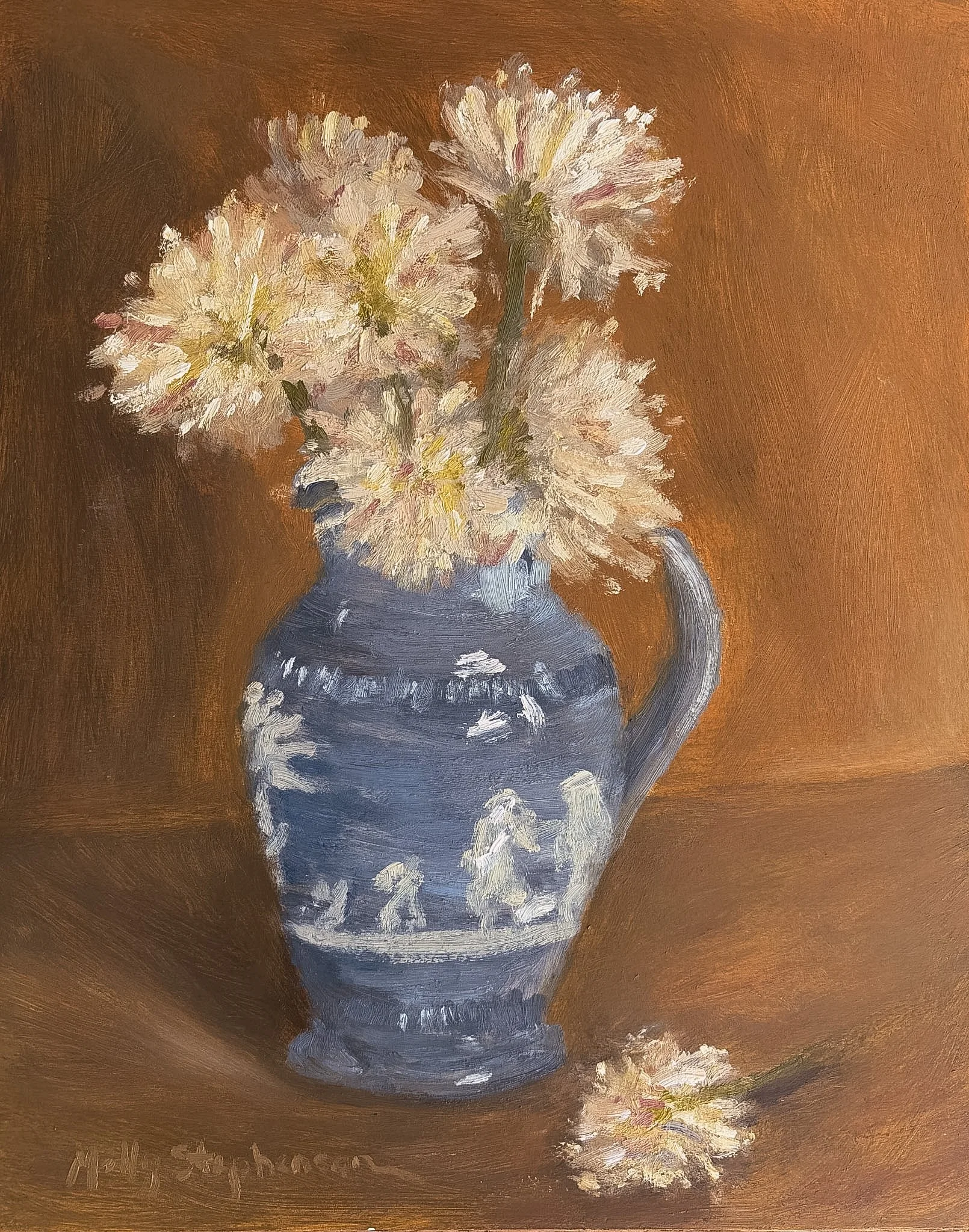 SOLD | Chrysanthemums in Blue and White Jug, 2026 | Oil on panel