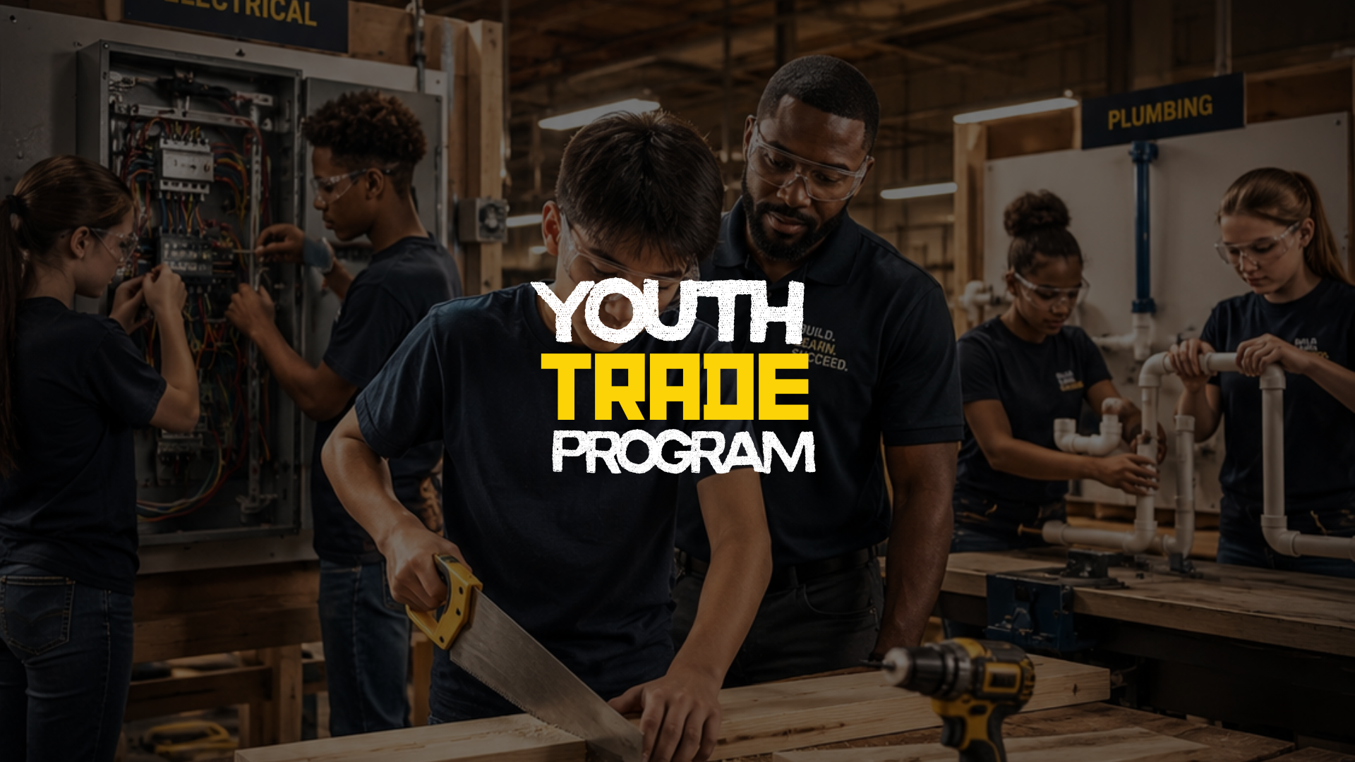 Group of young people working on building projects in a workshop, with a instructor supervises.