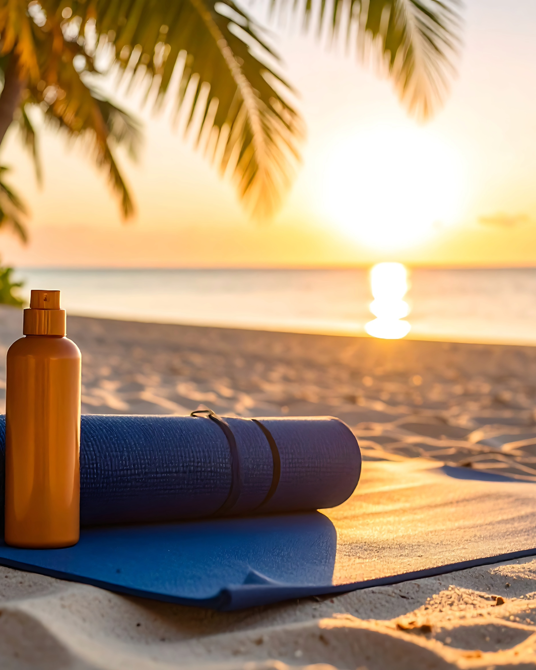 Rolled-up yoga mat on a quiet beach at sunset, symbolizing readiness, healing, and rhythm-first coaching for women seeking strength and trust.