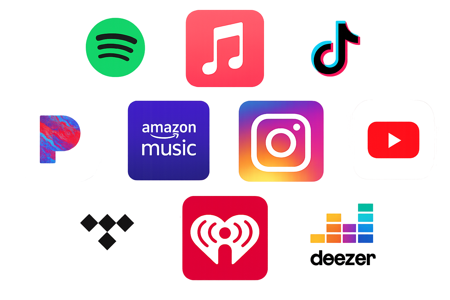 A collage of popular music streaming and social media app icons including Spotify, Apple Music, TikTok, YouTube, Amazon Music, Instagram, iHeartRadio, and Deezer.