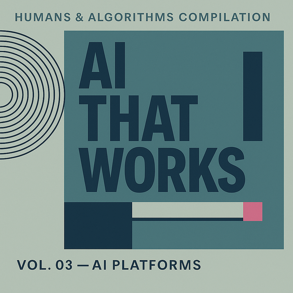 Cover of a publication titled 'Humans & Algorithms Compilation' with the subtitle 'Vol. 03 — AI Platforms'. The cover features a circular pattern on the left and large text 'AI That Works' in the center.