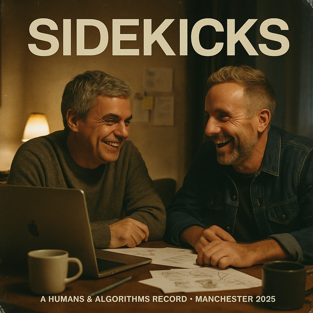 Two men sitting at a table, smiling and laughing during a conversation or meeting, with papers, a laptop, and coffee mugs in front of them, in a cozy indoor setting.
