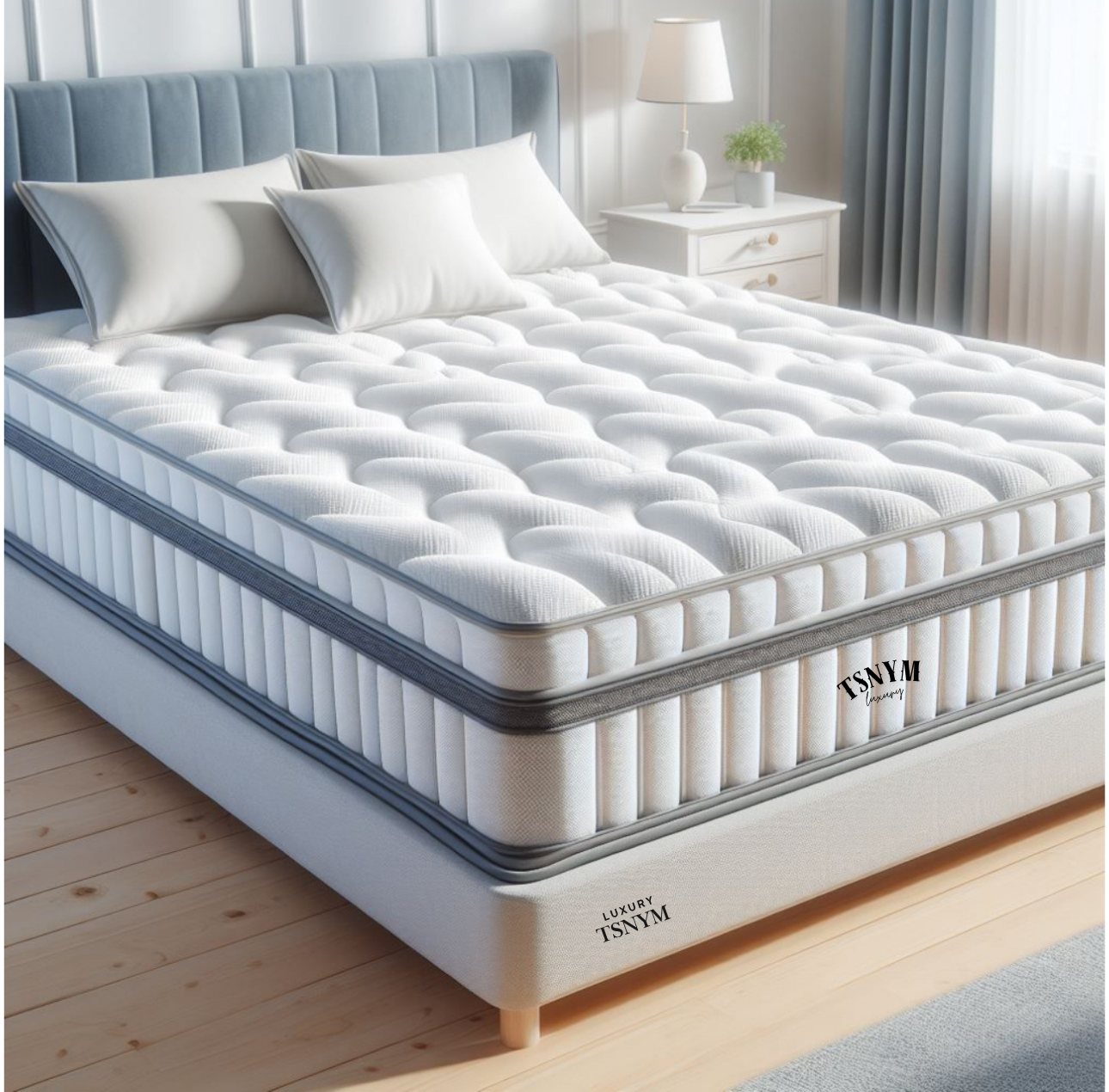 A white mattress with a textured, padded surface on a bed frame, in a bright bedroom with natural light, a blue upholstered headboard, and a side table with a lamp and a potted plant.