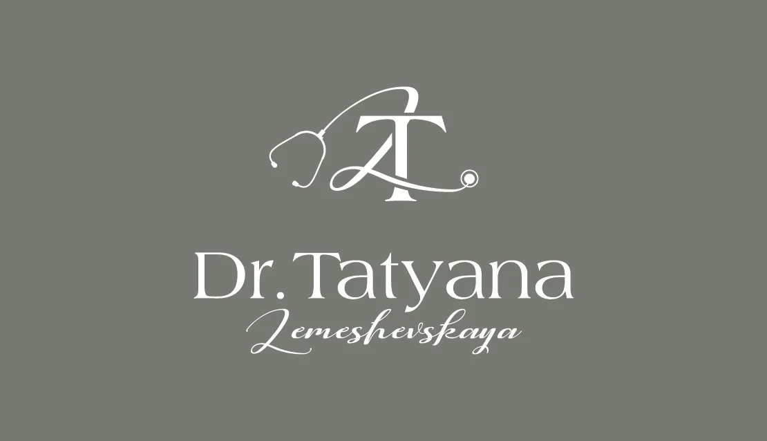 Logo with a stethoscope forming a stylized letter, accompanied by the text "Dr. Tatyana Zemeshevskaya" on a gray background.