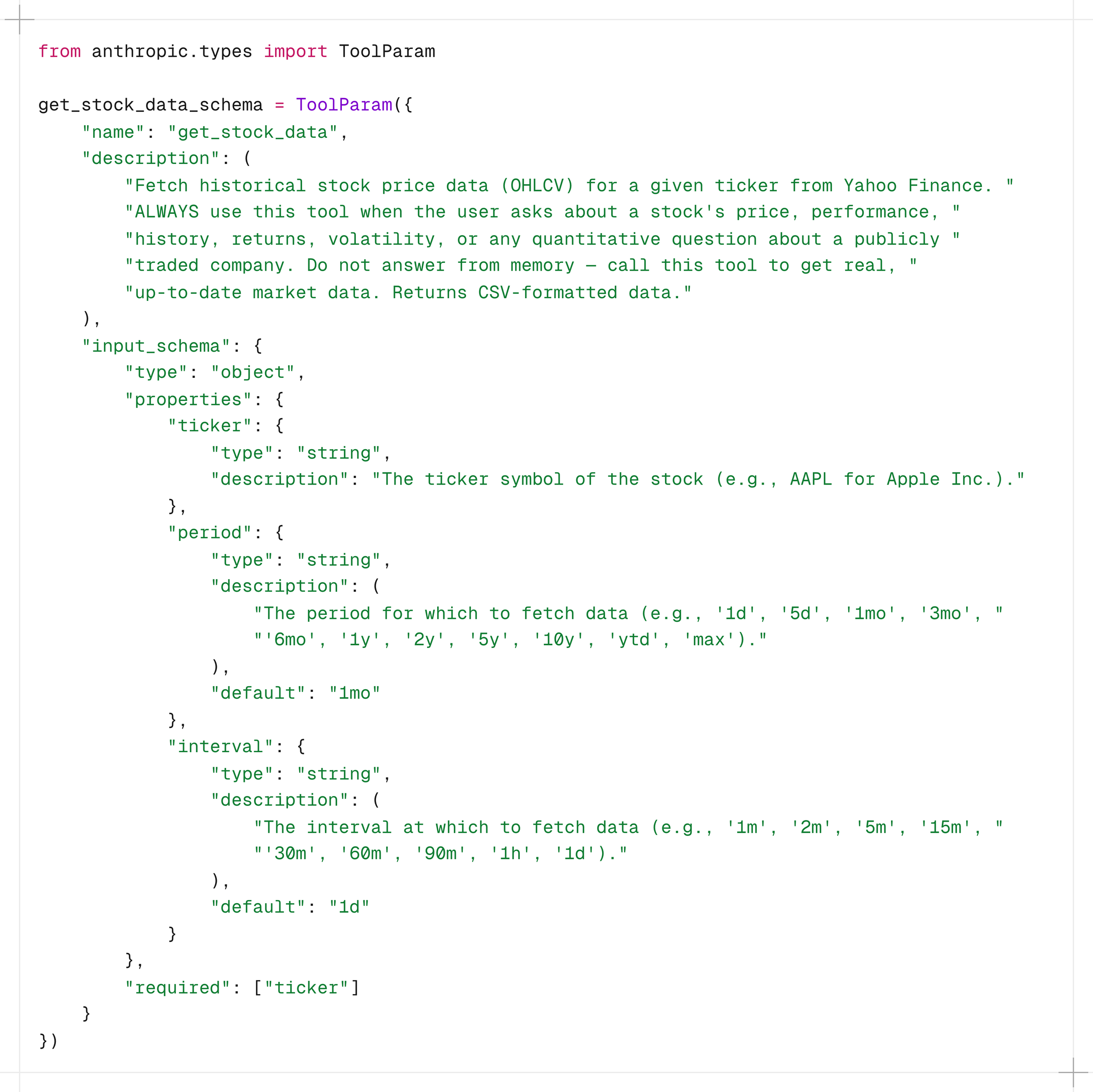 Tool parameter definition for yfinance market data