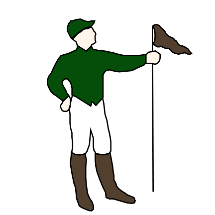 Silhouette of a man in vintage hunting attire with a green jacket, white pants, brown boots, and a green hat, holding a bird in his outstretched hand.