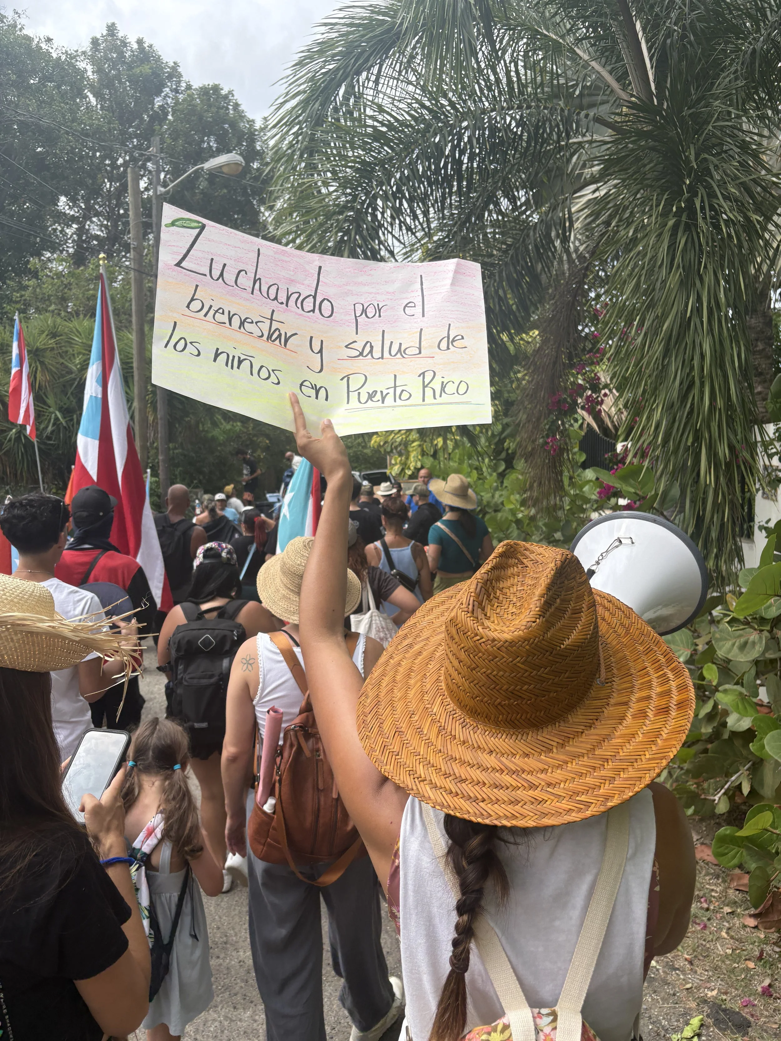 Una multitud de personas en una manifestación en Puerto Rico, con una mujer sosteniendo una pancarta que dice 'Luchando por el bienestar y salud de los niños en Puerto Rico'. Algunas personas llevan sombreros y banderas.