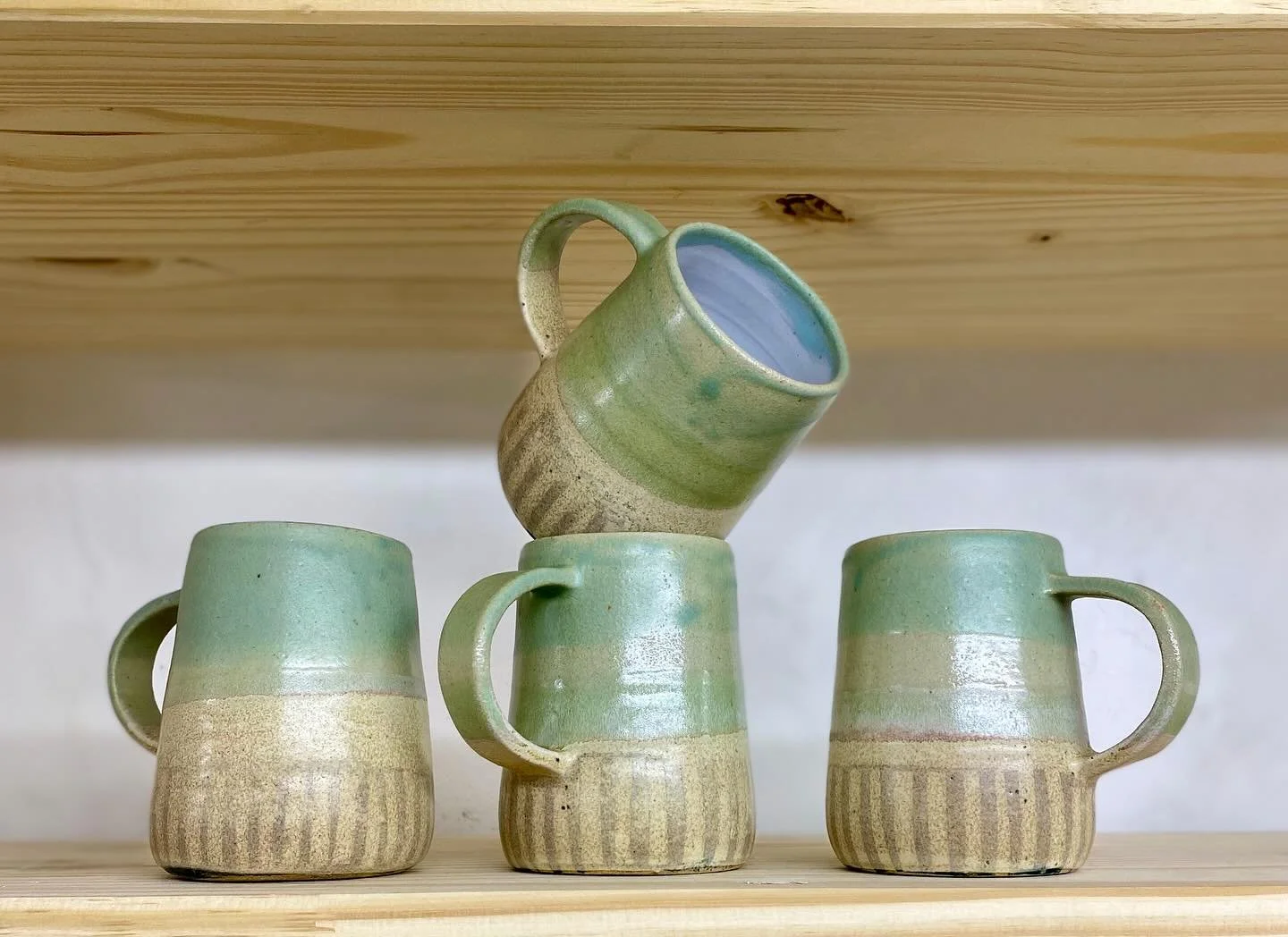 Green vibes mugs set. #communitypottery#socialenterprise#cic#handmademugs#greenmugs#potteryclasses#scottishborders#inclusive#wheelthrown#scottishpottery