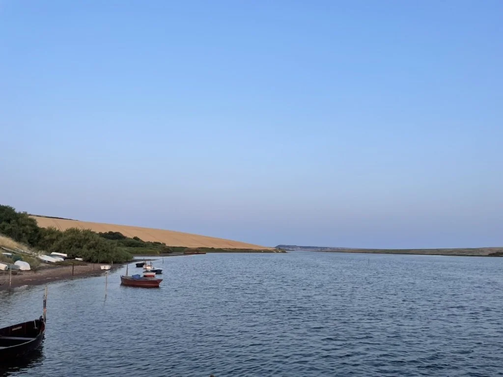 A serene river scene with several small boats docked along the shoreline, green shrubs, rolling hills, and a clear blue sky.