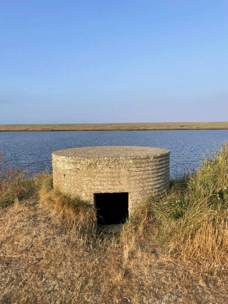 Concrete cylindrical bunker with a small rectangular entrance, situated by a body of water with grassy shores and a clear blue sky.