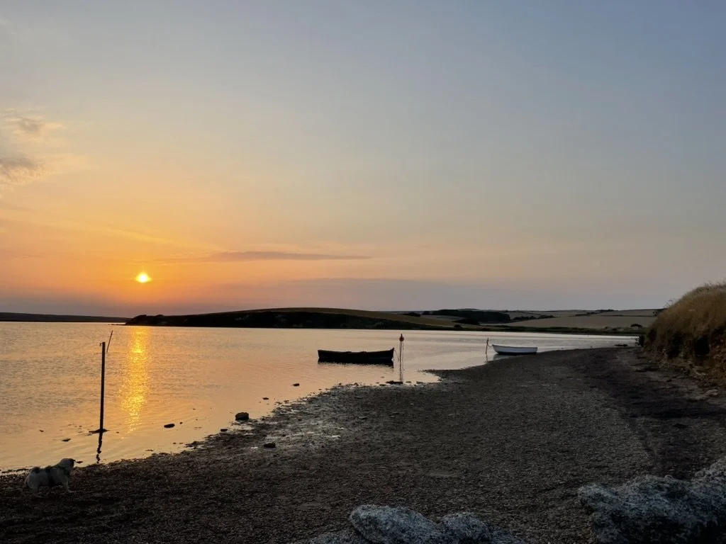 A peaceful sunset over a calm body of water with three boats anchored near the shore, a small dog on the beach, and a partly cloudy sky.