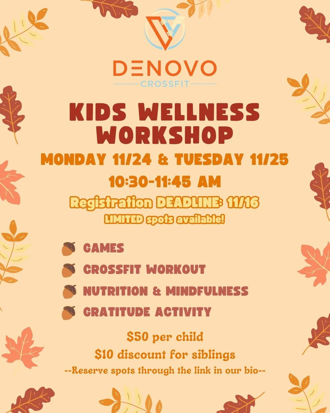 🦃🙏We are excited to offer a Wellness Workshop for your kiddos this Thanksgiving season!
Registration deadline is Sunday 11/16!

Reserve your spot(s) through the link in our bio.