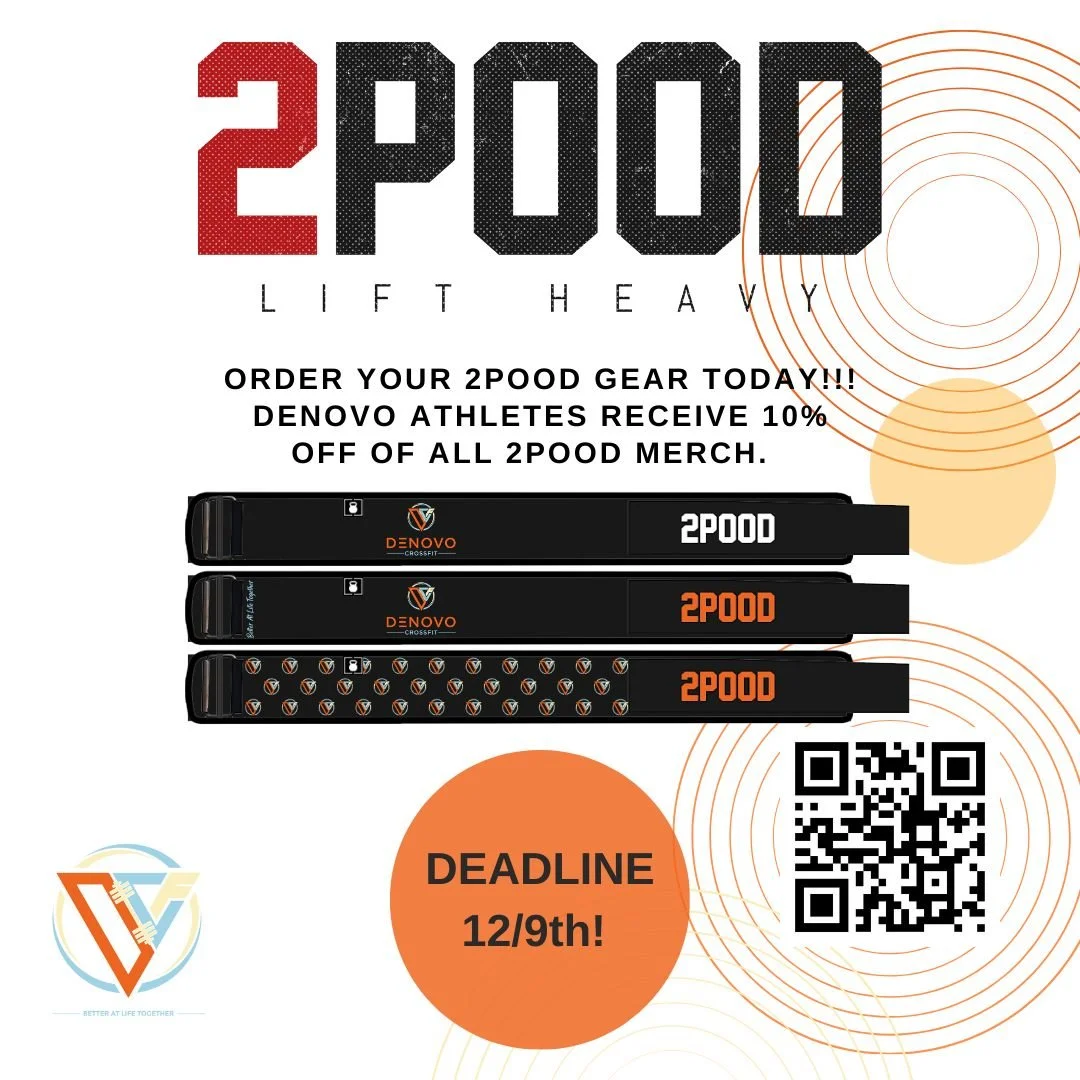 ANNOUNCEMENT!! NEW PARTNERSHIP with 2POOD!

DeNovo now has an affiliate discount with 2Pood. As a DeNovo athlete, you will receive 10% off of your order AND you can personalize your weightlifting belt with your name and/or the DeNovo Logo. 
Not only 