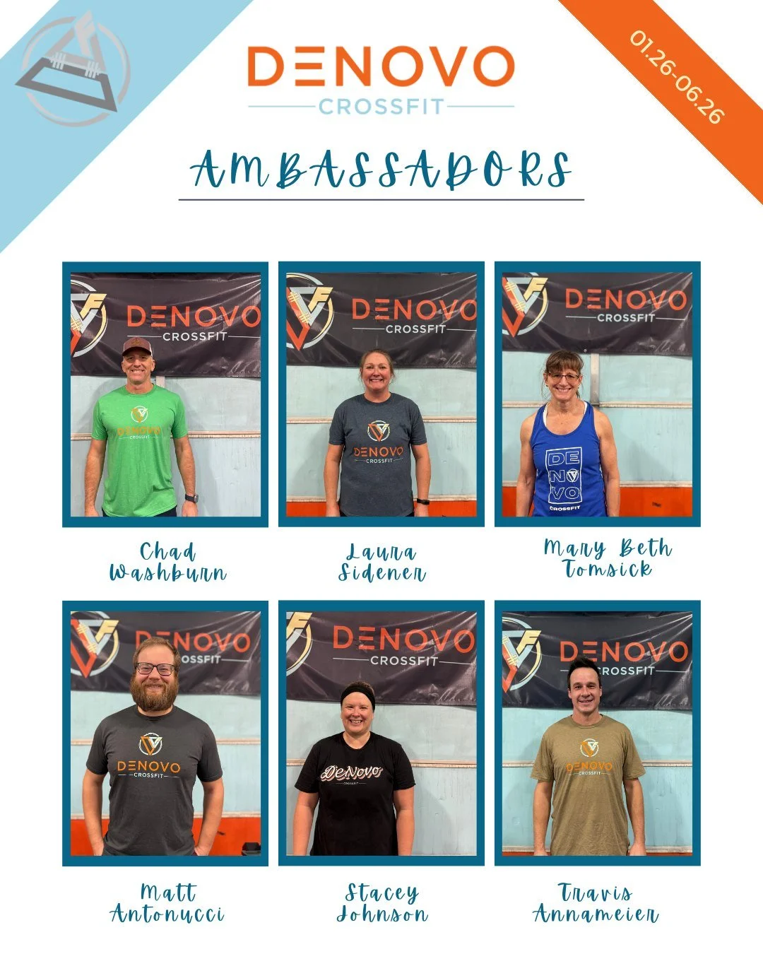 Meet our Round 4 of DeNovo Ambassadors!😎🤩

Ambassadors are chosen every 6 months to recognize the people we see going above and beyond to contribute to this community.

These people show up to class consistently. They welcome new faces and cheer pe