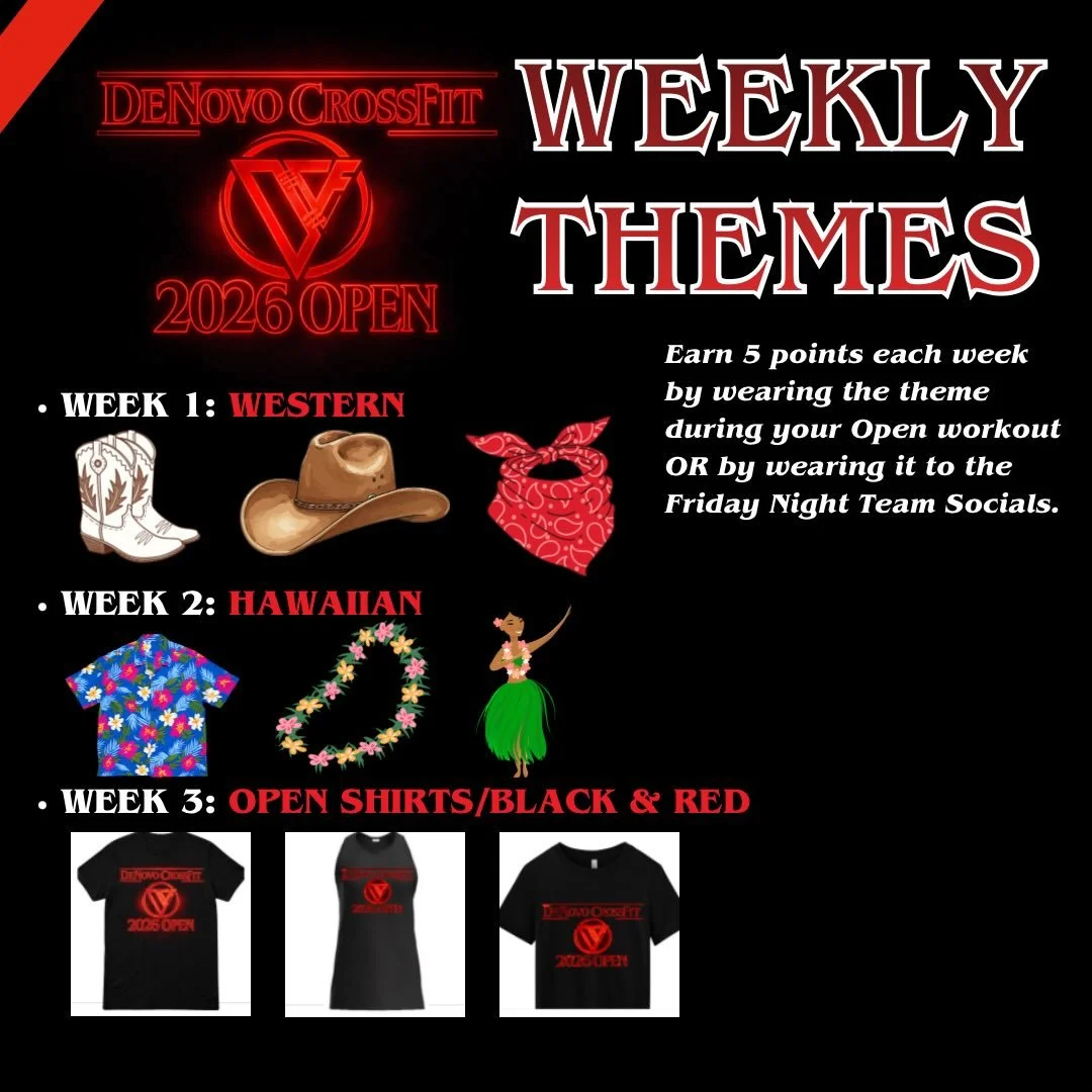 2026 Open Themes are here, giving you 5 weeks to prepare! 🤠🌺❤️&zwj;🔥🕶️

Members, sign up for the Open through the PushPress app or through the QR code at the gym.