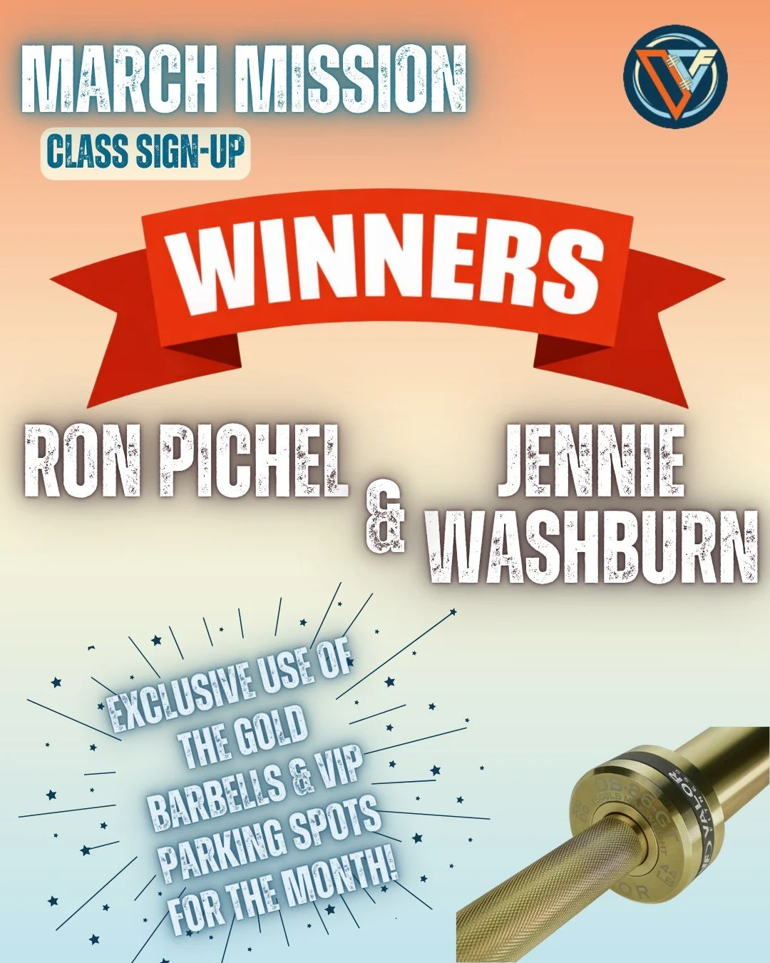 Give it up for our MARCH Monthly Mission winners!
 🎉 @ronthepickle  and @jenniewashburn 🎉

They dominated the class sign-up accountability each week and secured the Gold Barbells for the whole month&hellip; plus that sweet back parking spot 😎
Earn