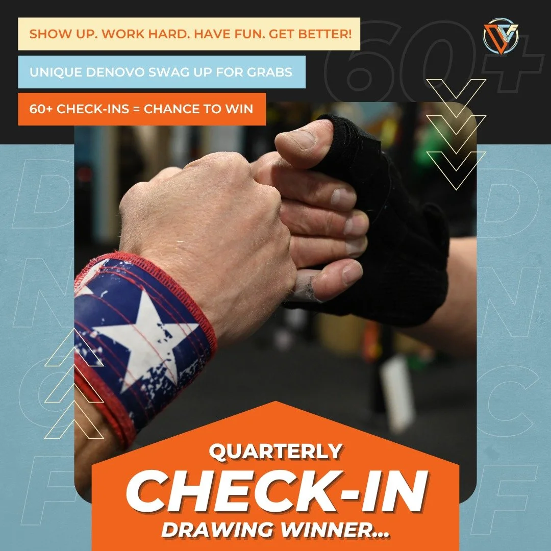 𝗤𝘂𝗮𝗿𝘁𝗲𝗿𝗹𝘆 𝗖𝗵𝗲𝗰𝗸-𝗜𝗻 𝗗𝗿𝗮𝘄𝗶𝗻𝗴 𝗪𝗜𝗡𝗡𝗘𝗥:

@ogshaggy 
At the end of the quarter, athletes with 6𝟶+ check-ins are entered to win custom DeNovo swag.

Athletes who were in the running last quarter:
Jared W.
John K.
Liz H.
Mike R.