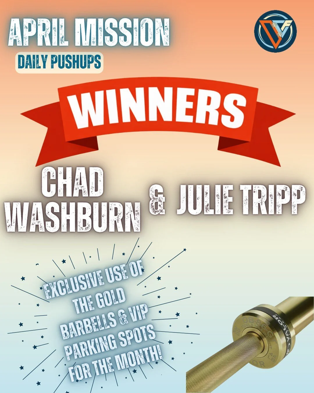 Give it up for our APRIL Monthly Mission winners!
 🎉 @run_q928_run  and @co_wash 🎉

They dominated adding one pushup per day each week and secured the Gold Barbells for the whole month&hellip; plus that sweet back parking spot 😎
Earned. Not given.