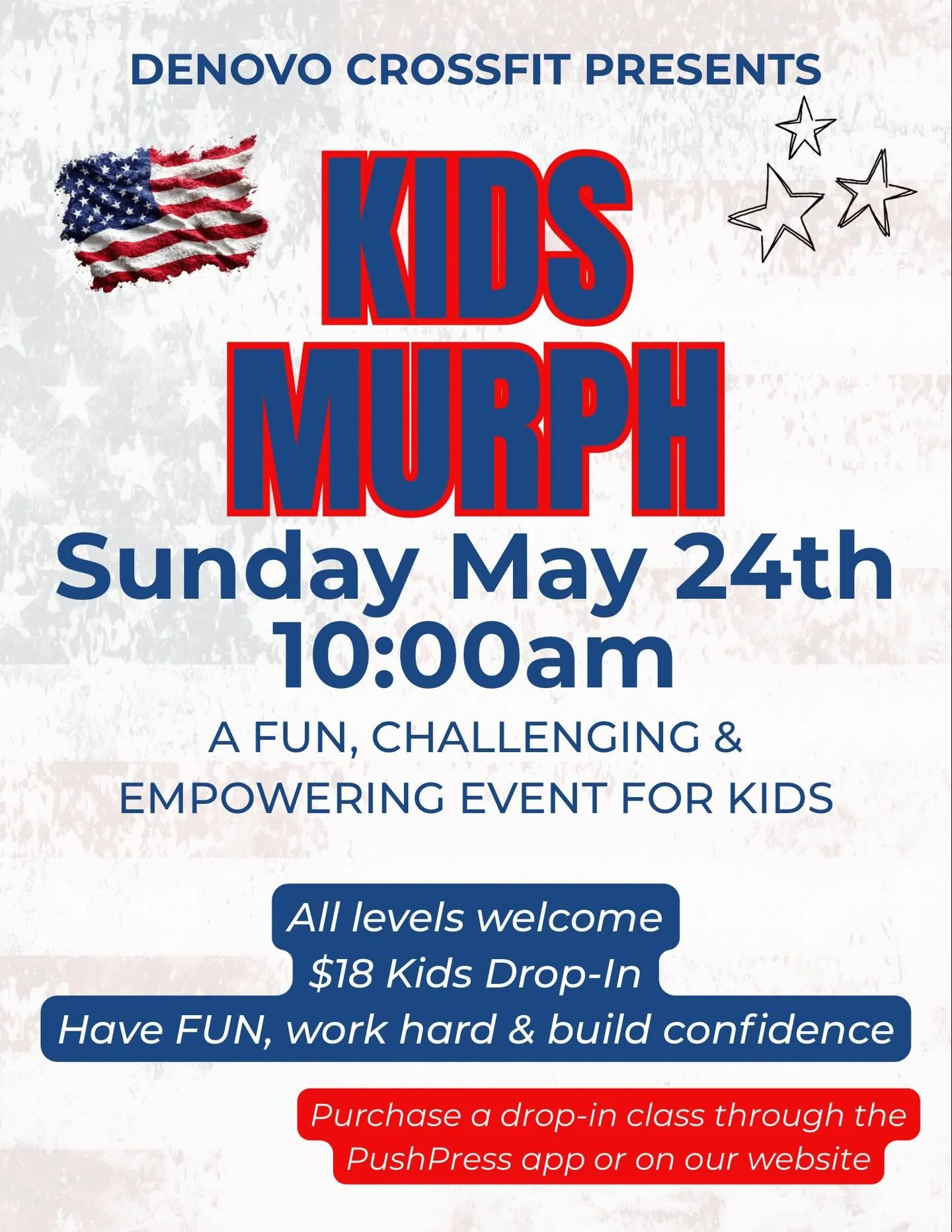 Big effort. Big fun. Big confidence 💪🇺🇸

Join us for our annual Kids Murph at DeNovo CrossFit!

This special workout is designed to challenge kids in a fun, supportive environment while teaching resilience, teamwork, and confidence. ❤️💙

✔️ All l