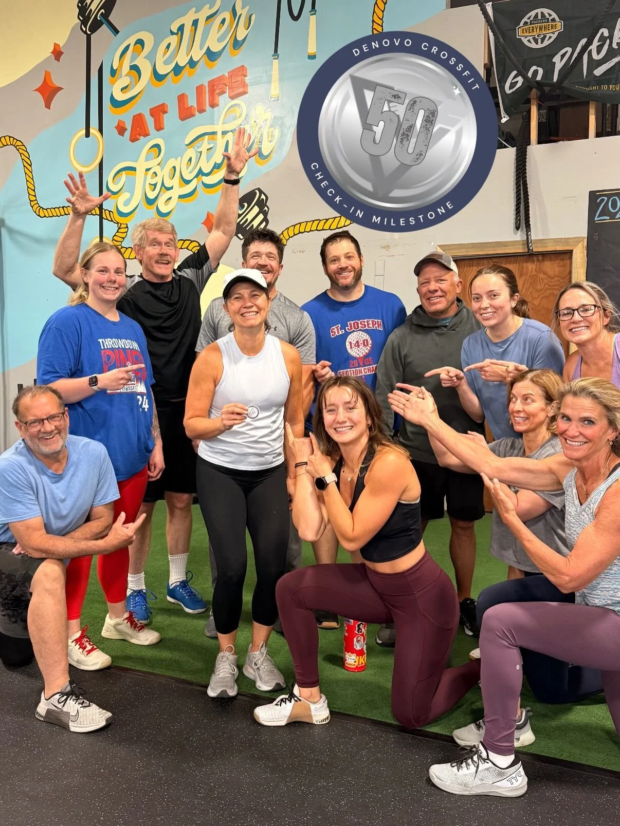 Congrats to Chrissy, who got her 50th checkin at the 7:30 class today! Chrissy, we love your consistency, that you are so coachable and eager to learn, and that you are part of the DeNovo fam! 100 will be here in no time! 

(Photo bomb credit to Jerr