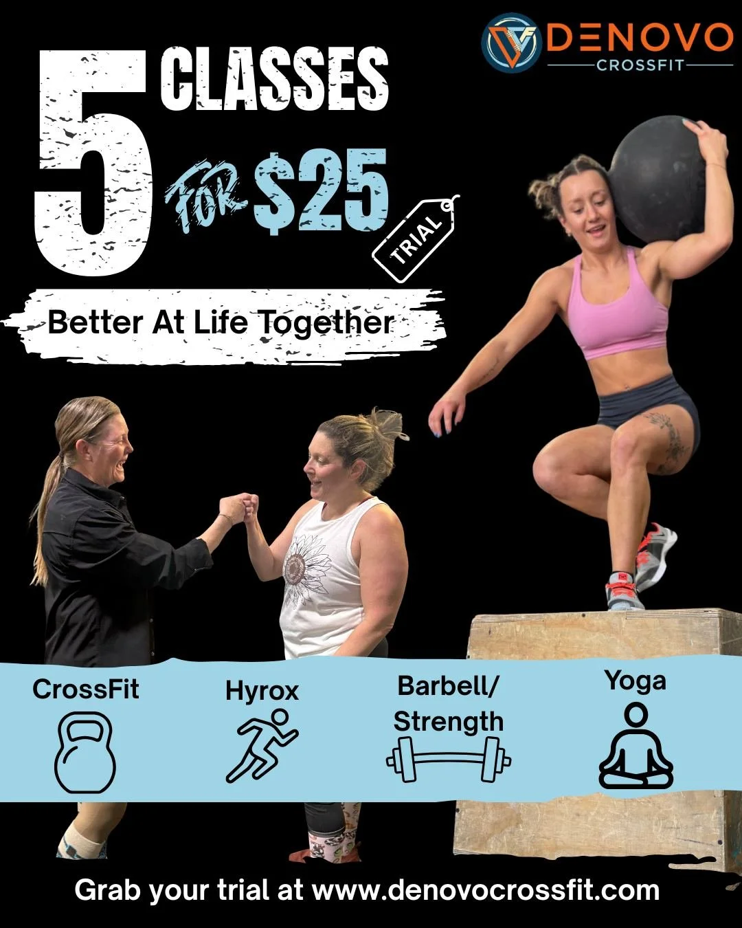 🔥 5 FOR $25 🔥

Curious about CrossFit but not ready to commit yet? This is your sign 👇

✅ Try 5 classes for only $25
✅ Beginner-friendly &amp; fully scalable
✅ Experienced coaches + welcoming community
✅ See if DeNovo is the right fit for YOU

No 