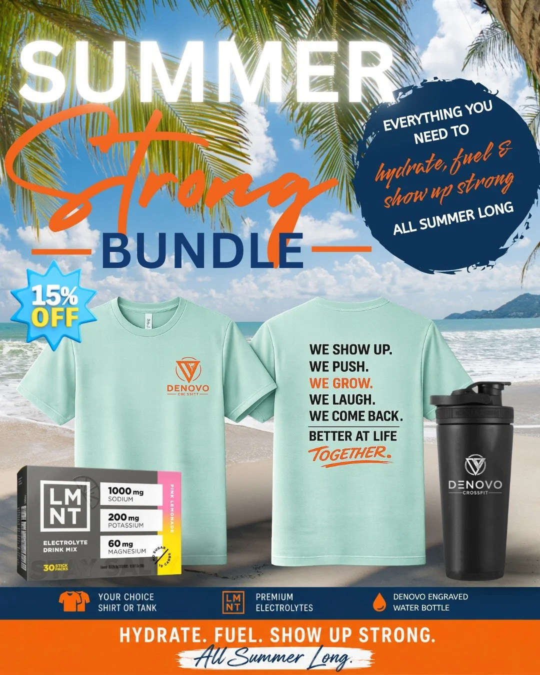 ☀️ SUMMER STRONG starts now ☀️

Hydrate harder. Fuel smarter. Show up stronger. 💪🌊

Our limited-edition Summer Strong Bundle has everything you need to crush workouts and stay ready all summer long:

🔥 Your choice of tee or tank 
💧 DeNovo engrave