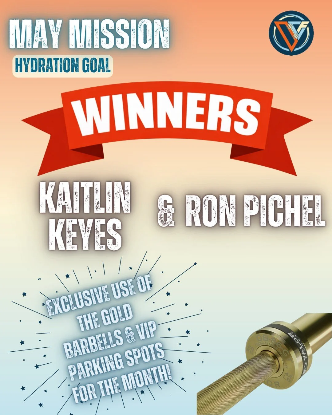 Give it up for our MAYMonthly Mission winners!
 🎉 @ronthepickle  and @kaitkeyes 🎉

They dominated their daily water intake each week and secured the Gold Barbells for the whole month&hellip; plus that sweet back parking spot 😎
Earned. Not given.
W