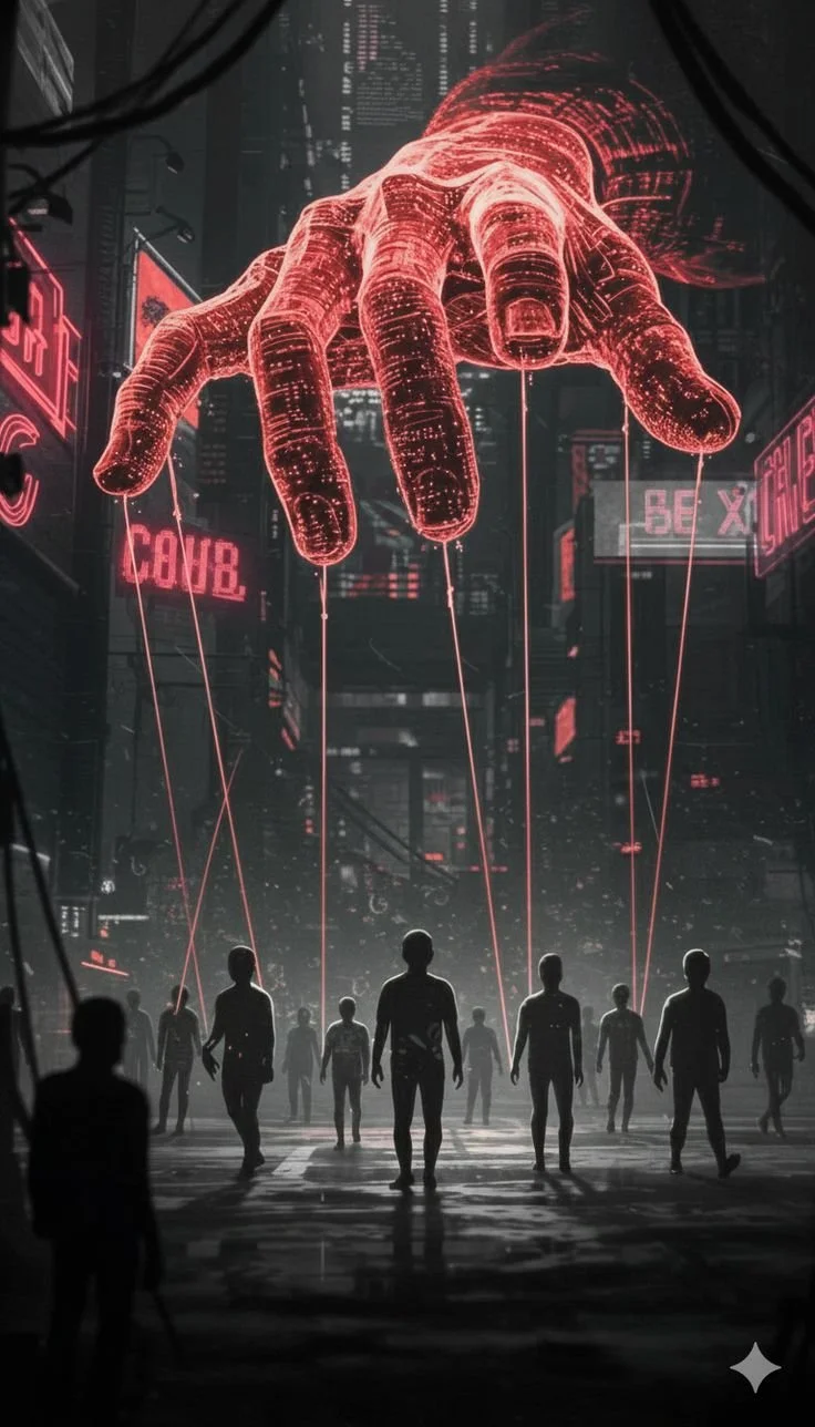 A digital dystopian cityscape with a large robotic hand above and laser strings connecting to silhouetted figures below.