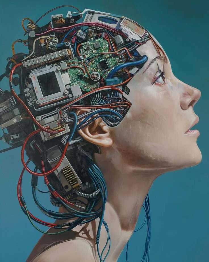 Artwork of a human profile with the head partly replaced by a complex arrangement of electronic components, wires, and circuits, symbolizing a human-machine hybrid.