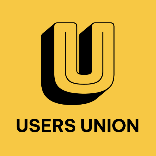 Logo with a large yellow and black U shape above the text 'USERS UNION' on a yellow background.
