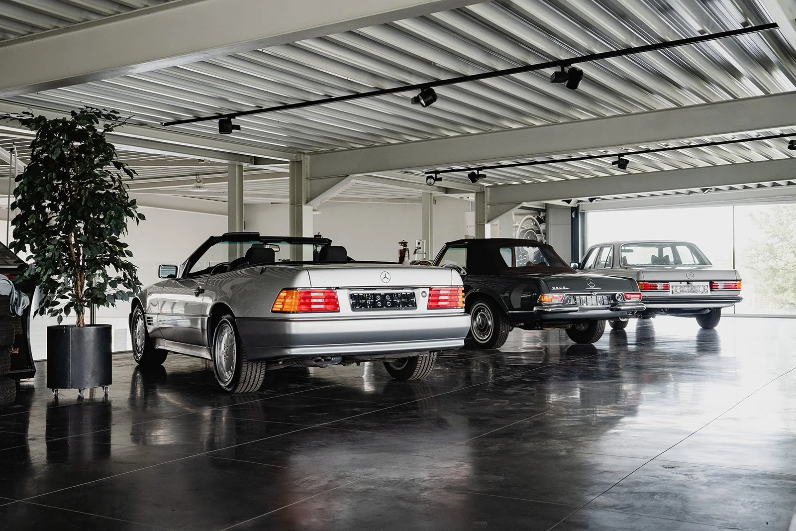Witte klassieke Mercedes-Benz cabriolet in een autodealer of opslagruimte, onder een metalen plafond met spothouders, naast andere auto's.