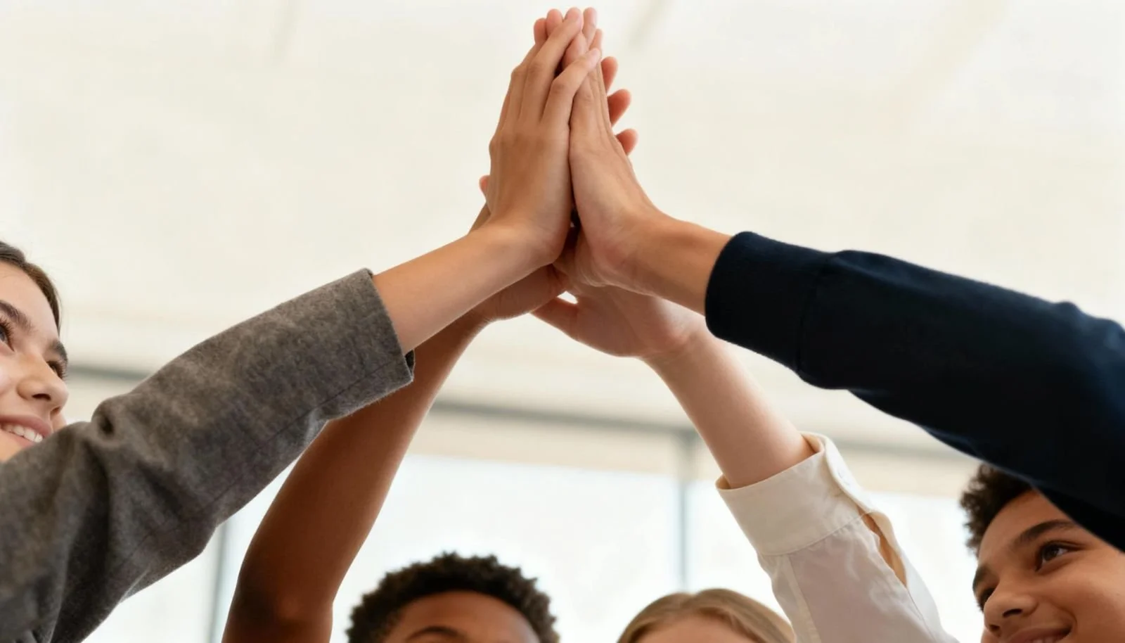 Close-up of kids high-fiving during a Bridge to Tech activity