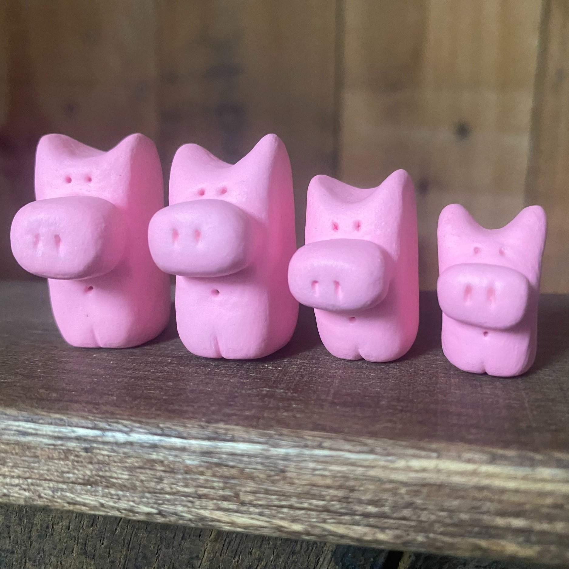 Handmade cute family of pottery pink pigs curly tail