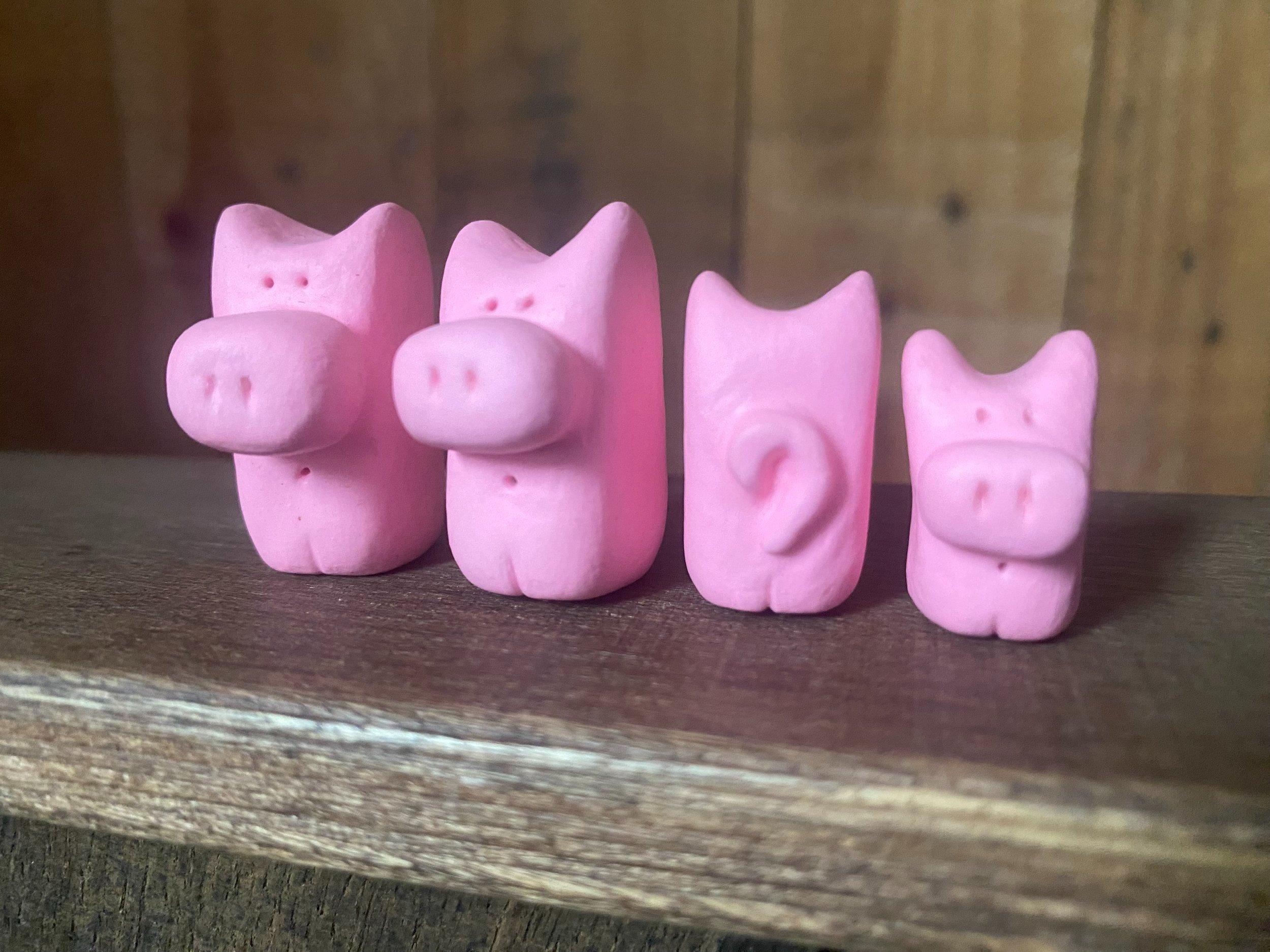 Handmade cute family of pottery pink pigs curly tail
