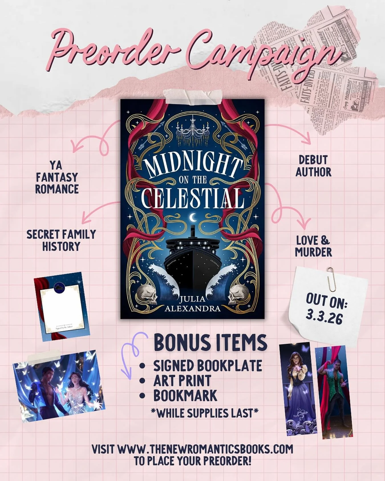 Announcing a special pre&ouml;rder campaign for MIDNIGHT ON THE CELESTIAL!

I am so proud to be partnering with @thenewromanticsbooks to offer exciting goodies when you preorder my YA Fantasy debut. Board the dark, magical Celestial cruise ship and r