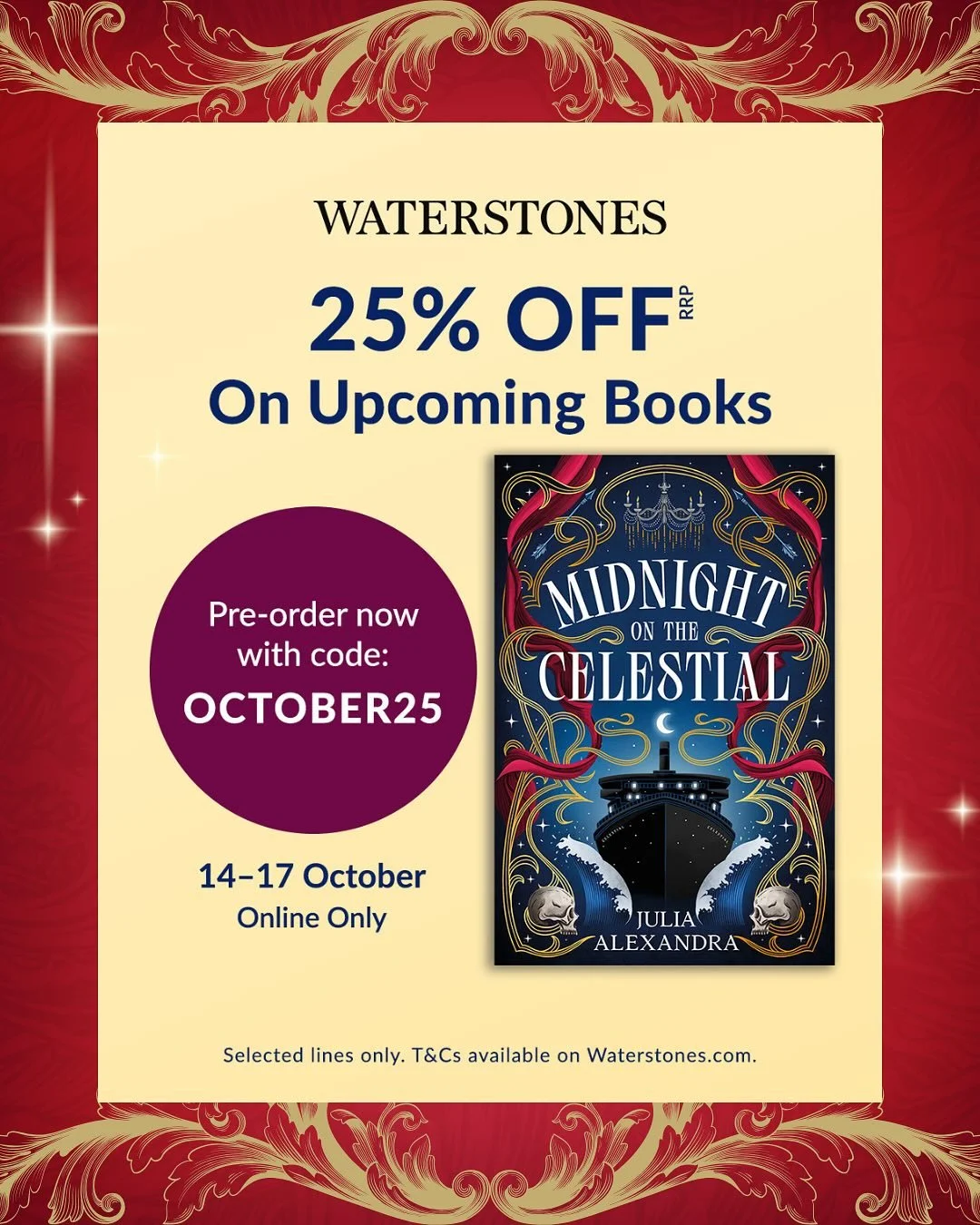 Preorder &amp; Save in the UK!

MIDNIGHT ON THE CELESTIAL is available for preorder from @waterstones now through end of day on October 17 for 25% off with code OCTOBER25. Embrace this spooky season aboard a dangerous, magical cruise ship with an hei