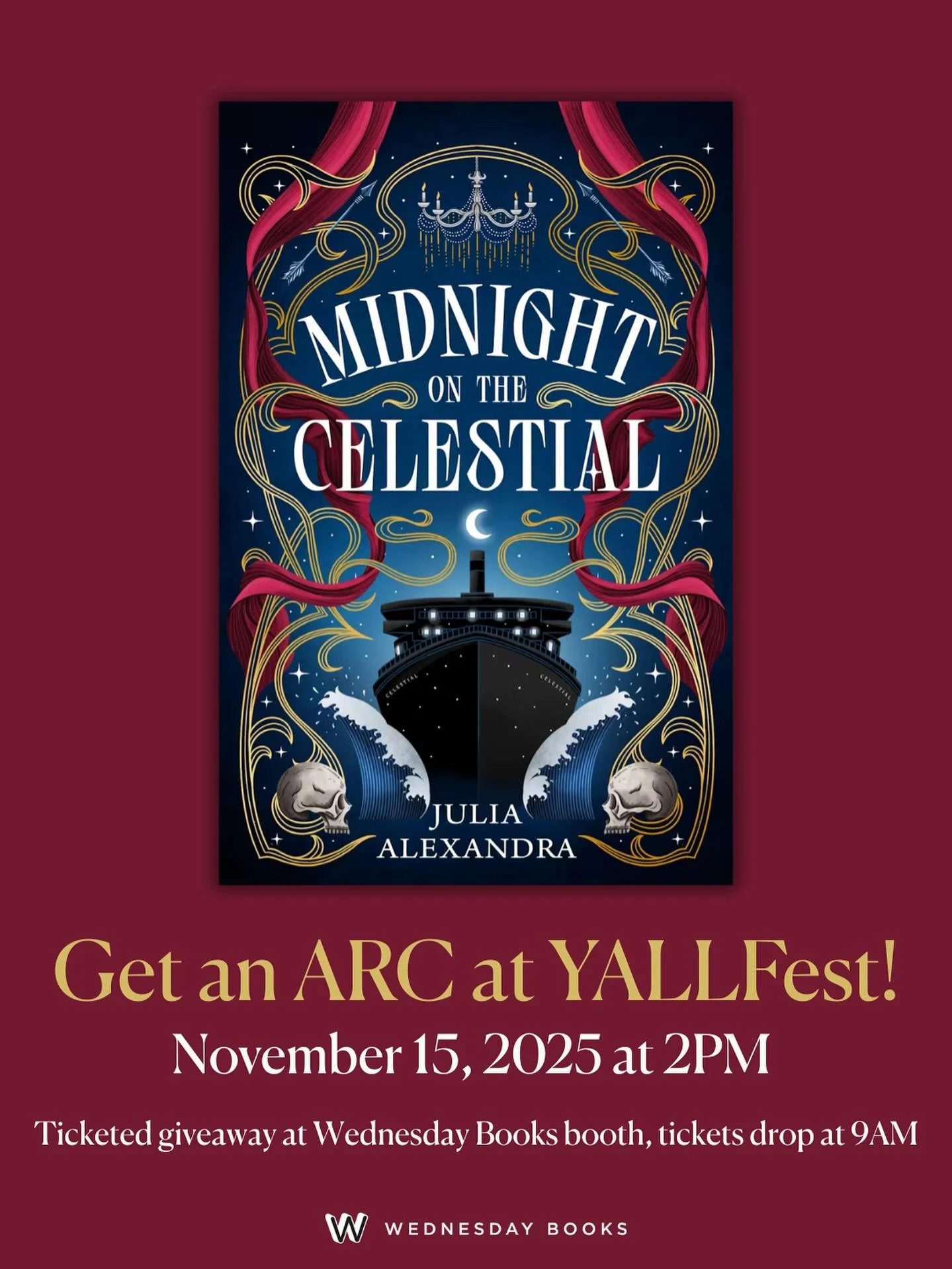 A dark, magical cruise ship is coming to @yallfest &hellip; ✨🛳️💀

Come by the @wednesdaybooks booth on Saturday, November 15 at 9 AM to enter a ticketed giveaway for MIDNIGHT ON THE CELESTIAL. Here is what&rsquo;s up for grabs for the first 50 visi