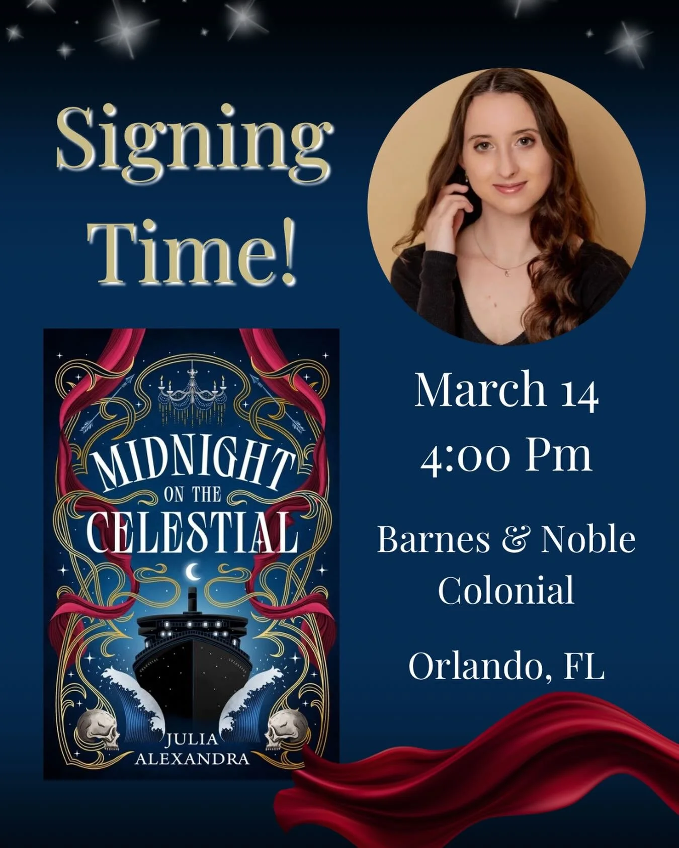 Calling all Orlando readers and writers!

I will be at the @bncolonialorlando on March 14 at 4 PM to sign copies of my debut YA Fantasy book, MIDNIGHT ON THE CELESTIAL 🛳️✨

Come say hi if any of the following apply:

- You love to read
- You love to