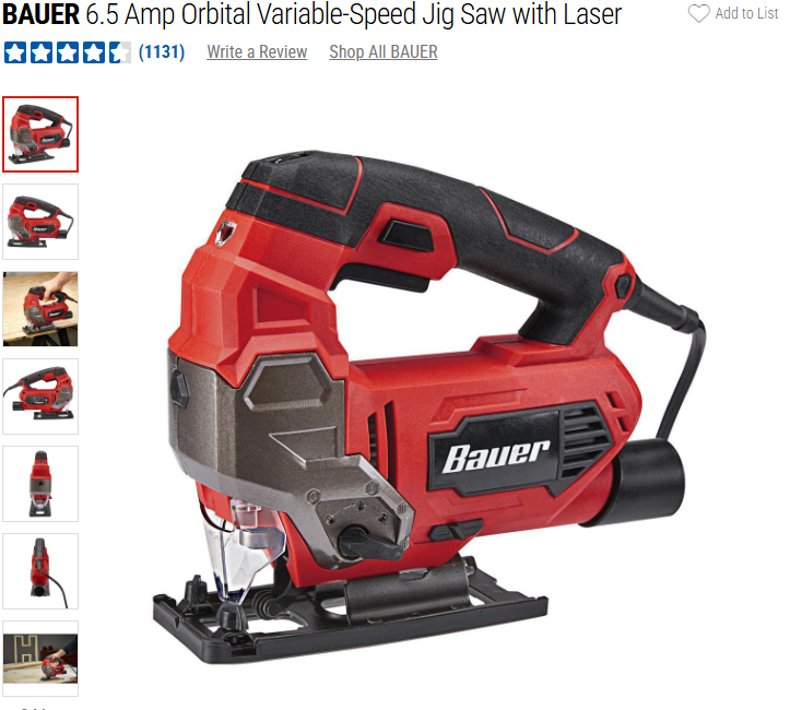 BAUER 6.5 Amp Orbital Variable-Speed Jig Saw with Laser-RENTAL