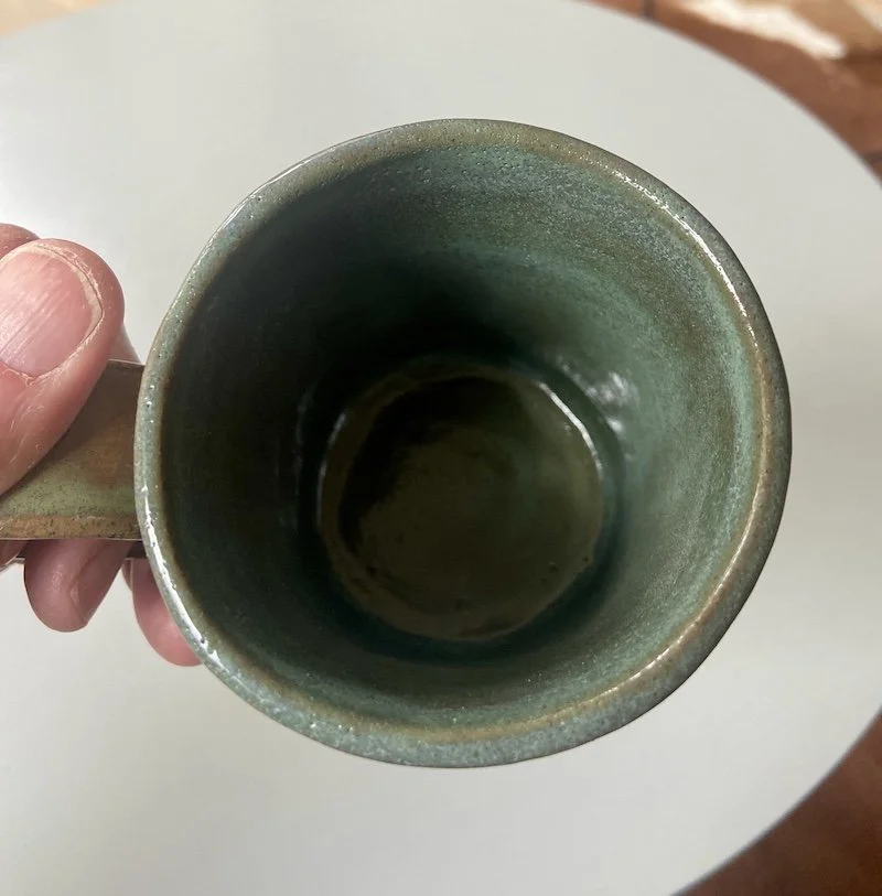 hand carved stoneware green blue toasty mug coffee tea hot chocolate