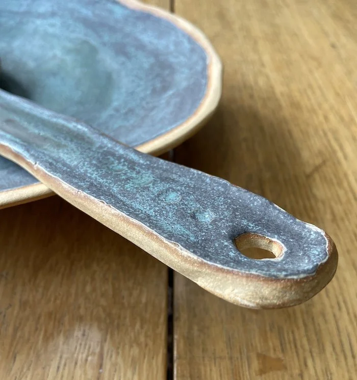 hand built stoneware serving platter salad bowl and two serving spoons in turquoise patina blue one-off pottery